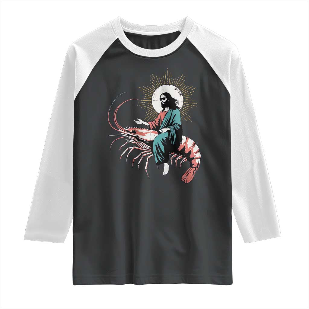Funny Christian Prawn Raglan Shirt Retro Jesus Riding A Shrimp Meme TS11 Black White Print Your Wear