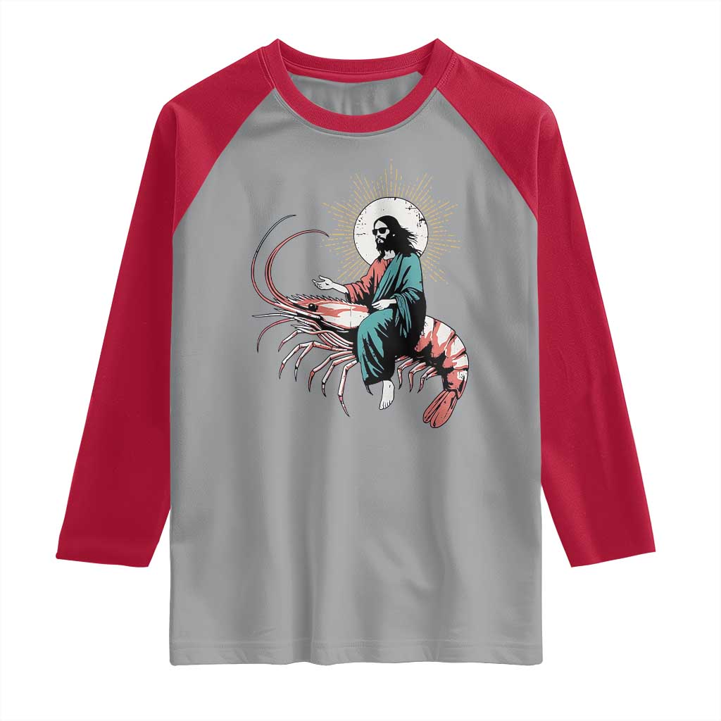 Funny Christian Prawn Raglan Shirt Retro Jesus Riding A Shrimp Meme TS11 Sport Gray Red Print Your Wear