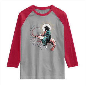 Funny Christian Prawn Raglan Shirt Retro Jesus Riding A Shrimp Meme TS11 Sport Gray Red Print Your Wear