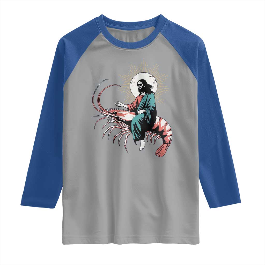 Funny Christian Prawn Raglan Shirt Retro Jesus Riding A Shrimp Meme TS11 Sport Gray Royal Print Your Wear