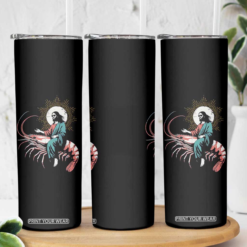 Funny Christian Prawn Skinny Tumbler Retro Jesus Riding A Shrimp Meme TS11 Print Your Wear