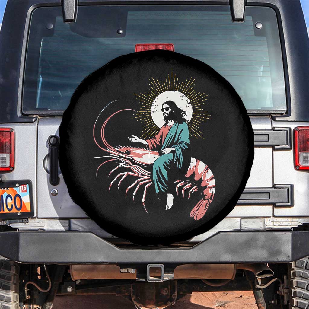 Funny Christian Prawn Spare Tire Cover Retro Jesus Riding A Shrimp Meme TS11 No hole Black Print Your Wear