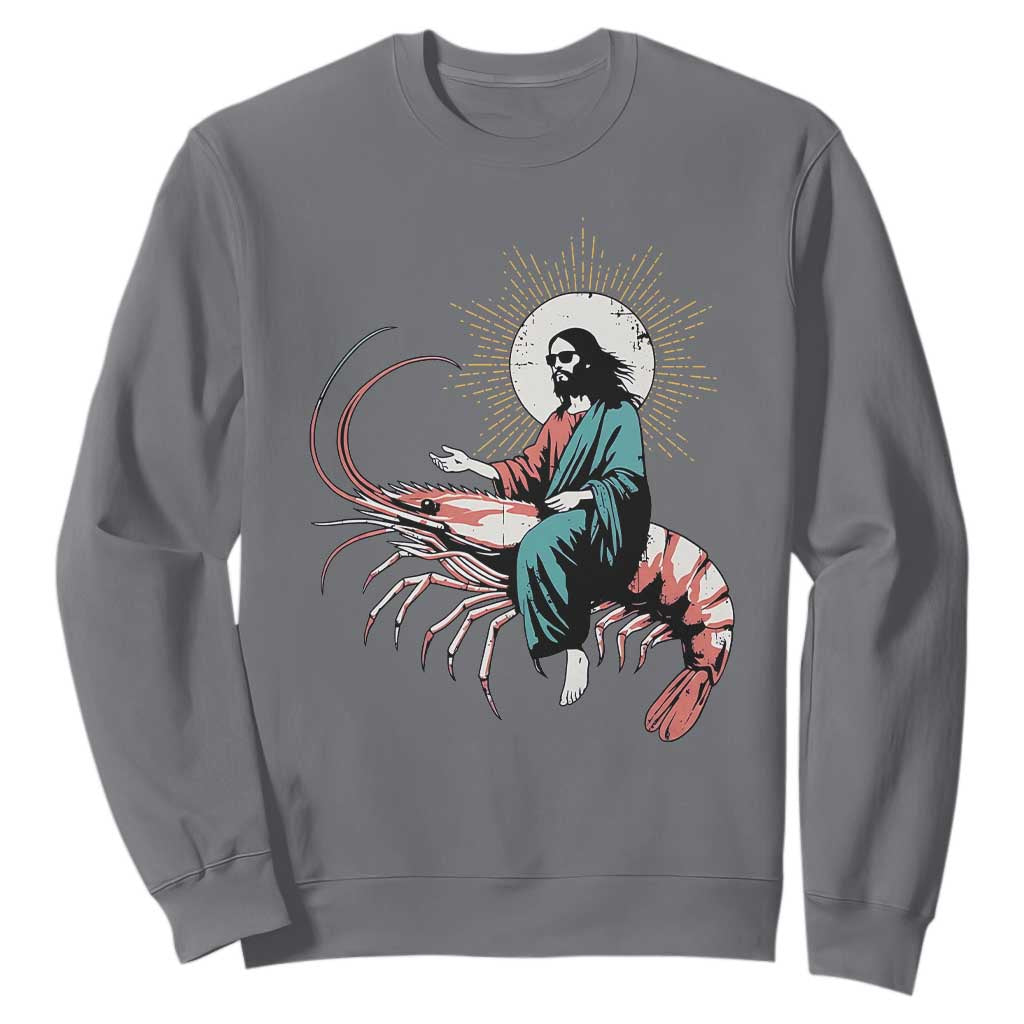 Funny Christian Prawn Sweatshirt Retro Jesus Riding A Shrimp Meme TS11 Charcoal Print Your Wear