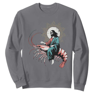Funny Christian Prawn Sweatshirt Retro Jesus Riding A Shrimp Meme TS11 Charcoal Print Your Wear