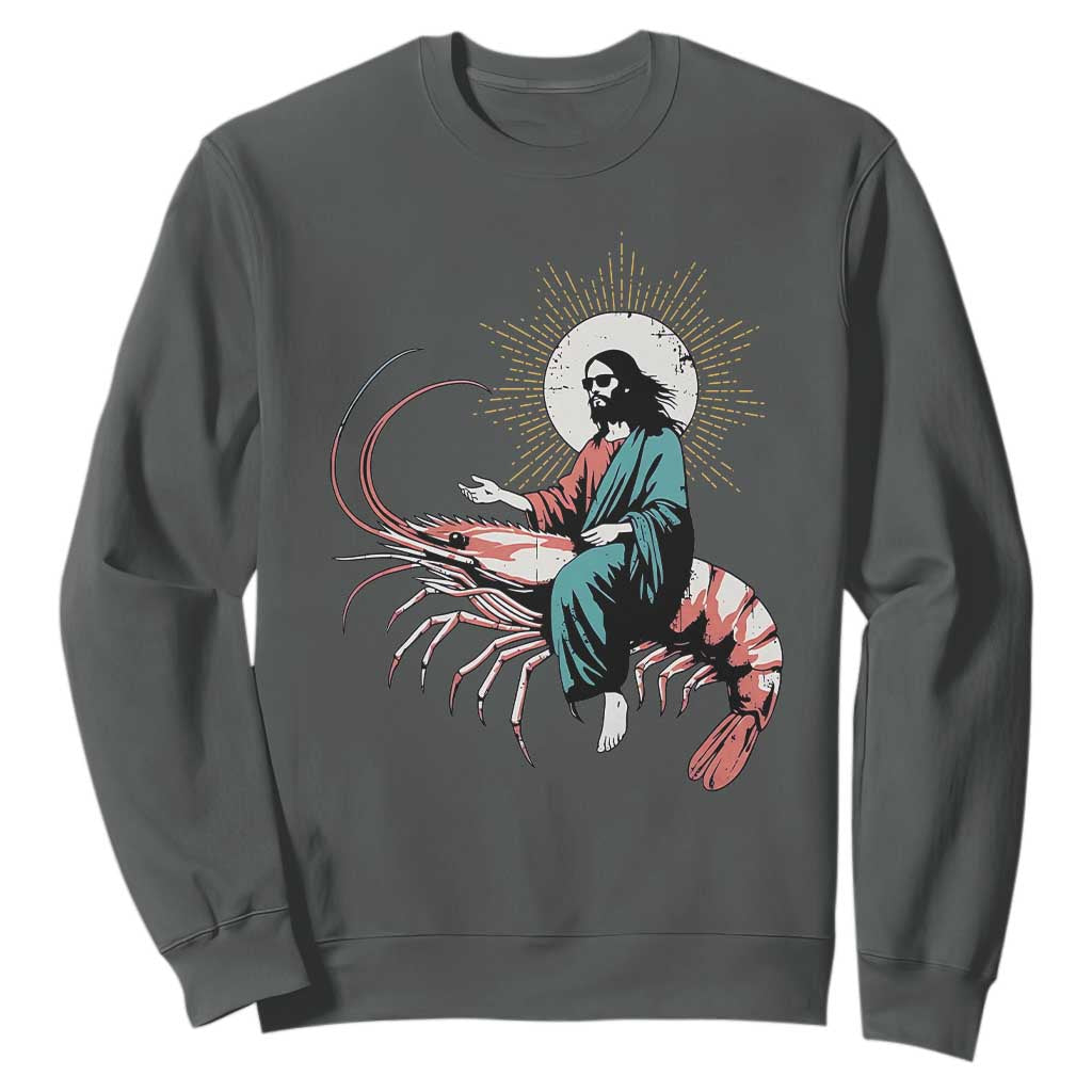 Funny Christian Prawn Sweatshirt Retro Jesus Riding A Shrimp Meme TS11 Dark Heather Print Your Wear
