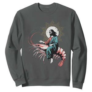 Funny Christian Prawn Sweatshirt Retro Jesus Riding A Shrimp Meme TS11 Dark Heather Print Your Wear
