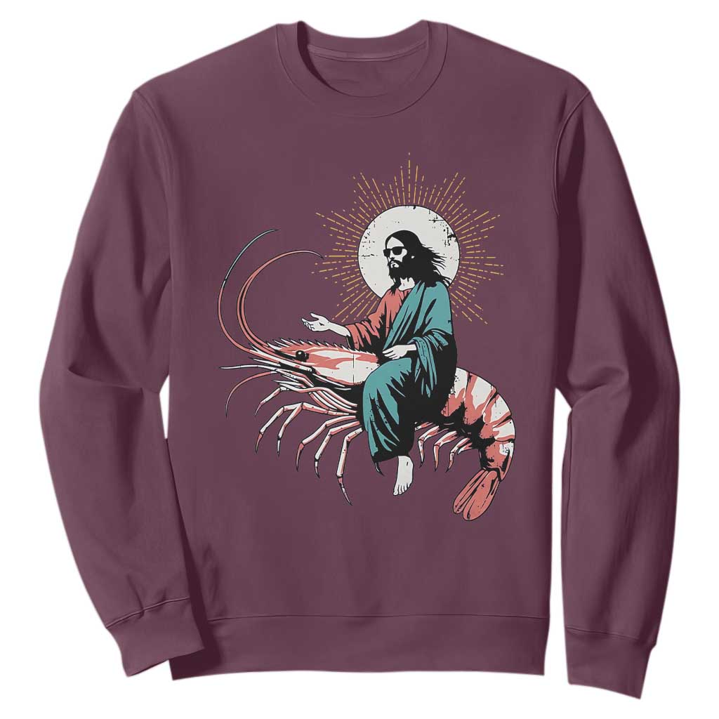 Funny Christian Prawn Sweatshirt Retro Jesus Riding A Shrimp Meme TS11 Maroon Print Your Wear