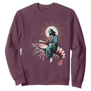 Funny Christian Prawn Sweatshirt Retro Jesus Riding A Shrimp Meme TS11 Maroon Print Your Wear