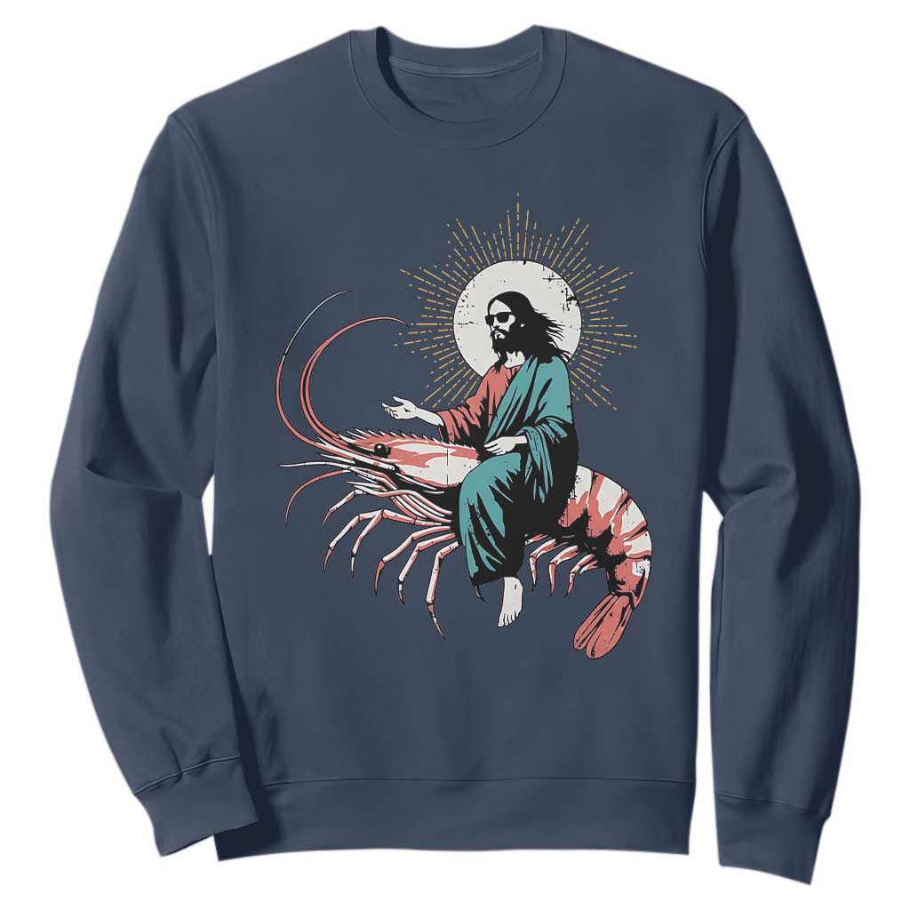 Funny Christian Prawn Sweatshirt Retro Jesus Riding A Shrimp Meme TS11 Navy Print Your Wear