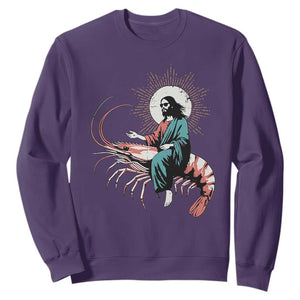 Funny Christian Prawn Sweatshirt Retro Jesus Riding A Shrimp Meme TS11 Purple Print Your Wear