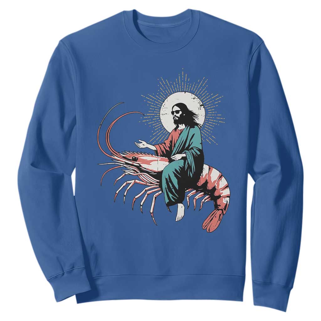 Funny Christian Prawn Sweatshirt Retro Jesus Riding A Shrimp Meme TS11 Royal Blue Print Your Wear