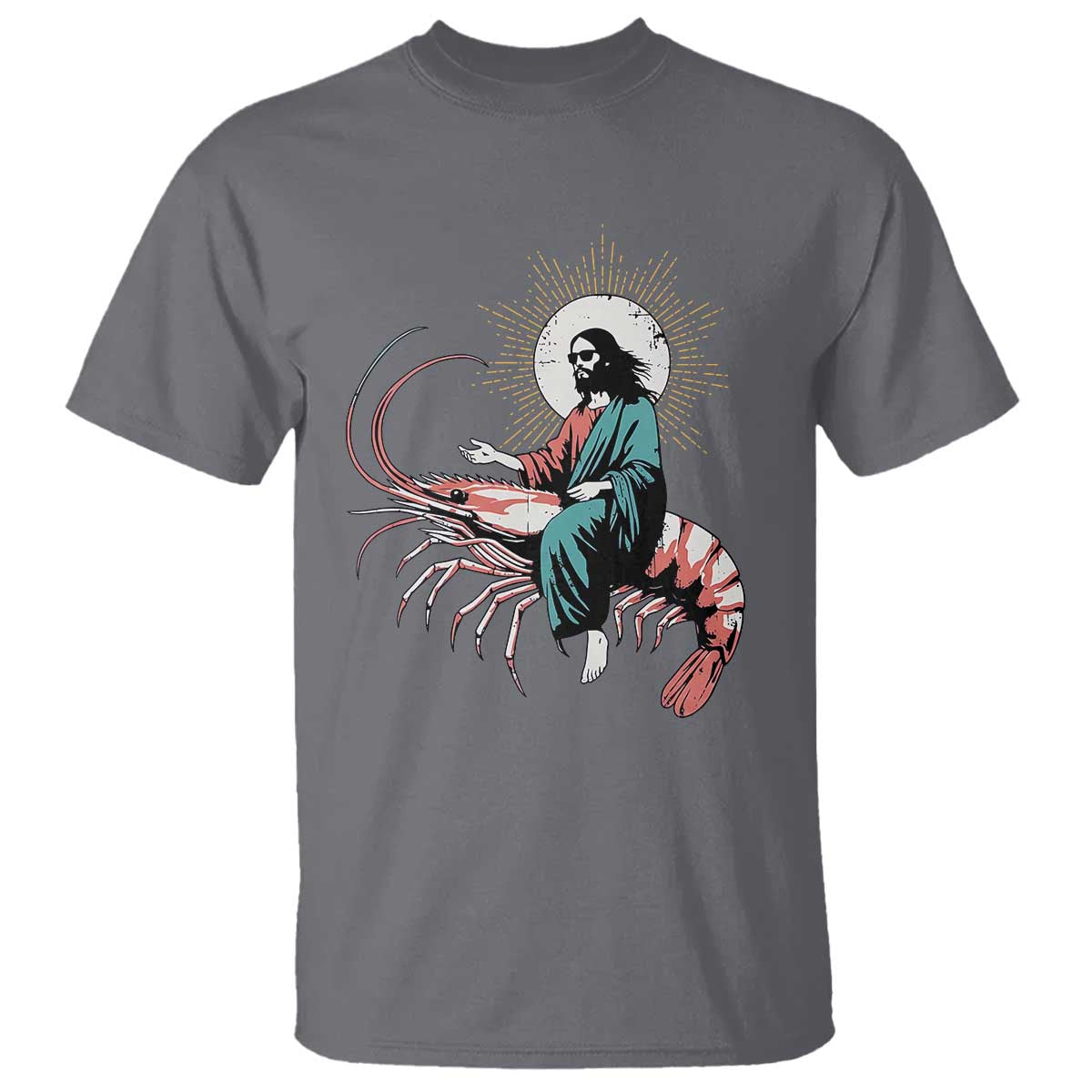 Funny Christian Prawn T Shirt Retro Jesus Riding A Shrimp Meme TS11 Charcoal Print Your Wear