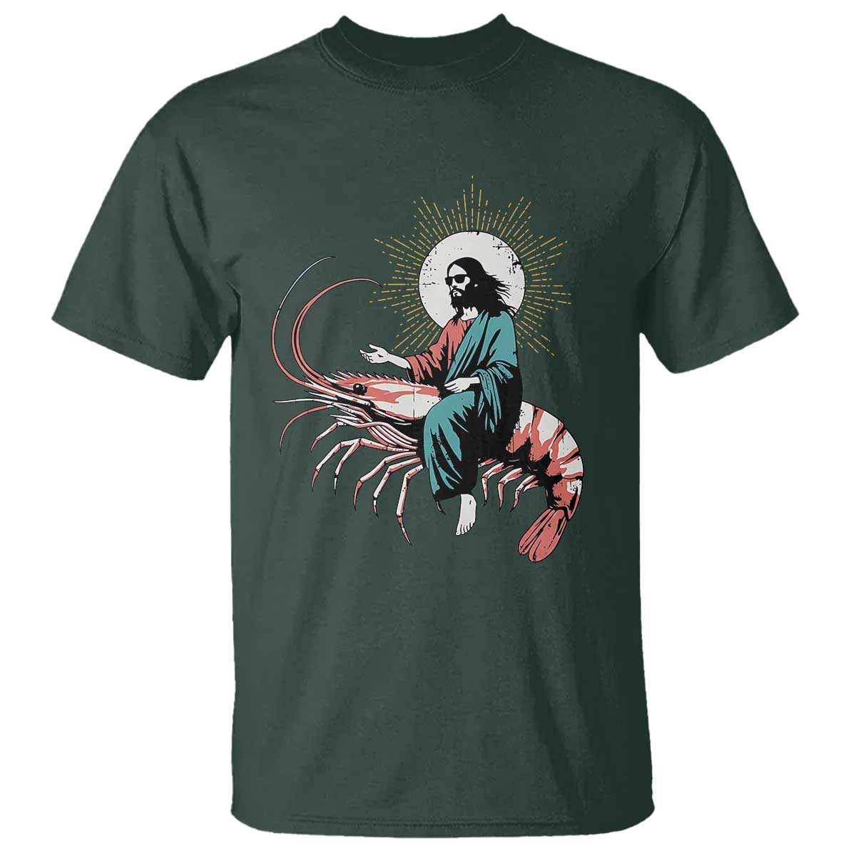 Funny Christian Prawn T Shirt Retro Jesus Riding A Shrimp Meme TS11 Dark Forest Green Print Your Wear