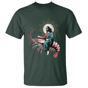 Funny Christian Prawn T Shirt Retro Jesus Riding A Shrimp Meme TS11 Dark Forest Green Print Your Wear