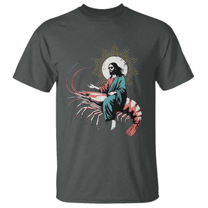 Funny Christian Prawn T Shirt Retro Jesus Riding A Shrimp Meme TS11 Dark Heather Print Your Wear