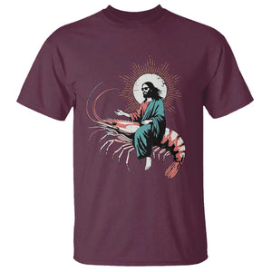 Funny Christian Prawn T Shirt Retro Jesus Riding A Shrimp Meme TS11 Maroon Print Your Wear