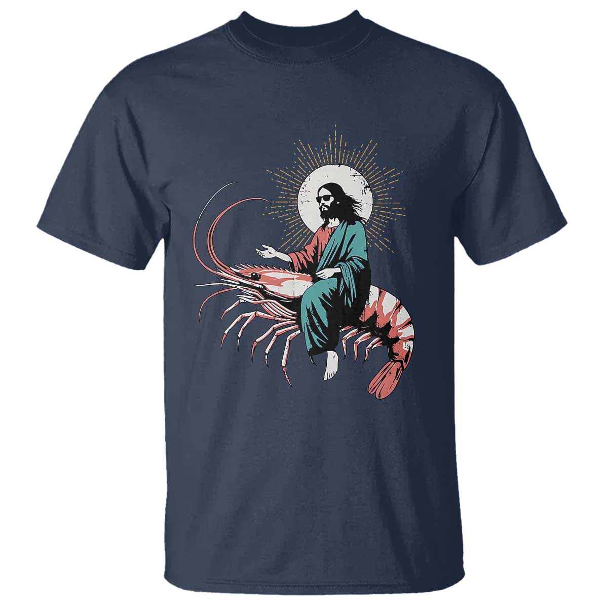 Funny Christian Prawn T Shirt Retro Jesus Riding A Shrimp Meme TS11 Navy Print Your Wear
