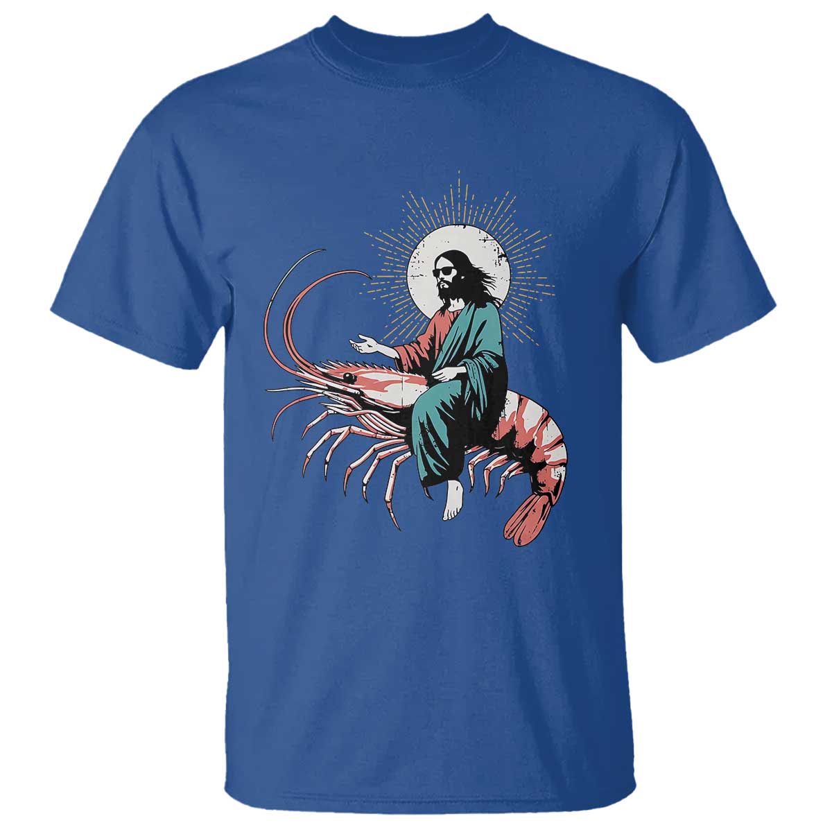 Funny Christian Prawn T Shirt Retro Jesus Riding A Shrimp Meme TS11 Royal Blue Print Your Wear