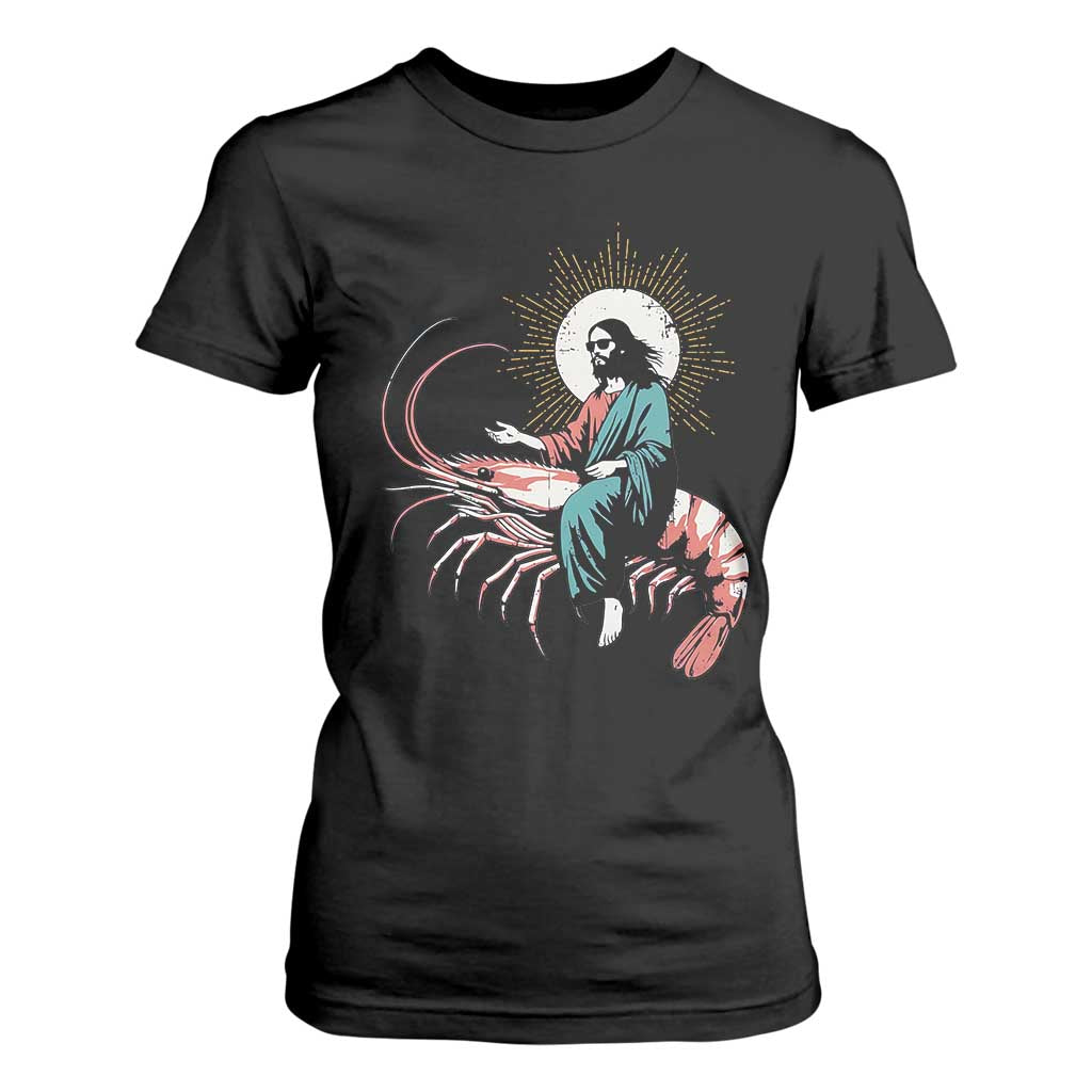 Funny Christian Prawn T Shirt For Women Retro Jesus Riding A Shrimp Meme TS11 Black Print Your Wear