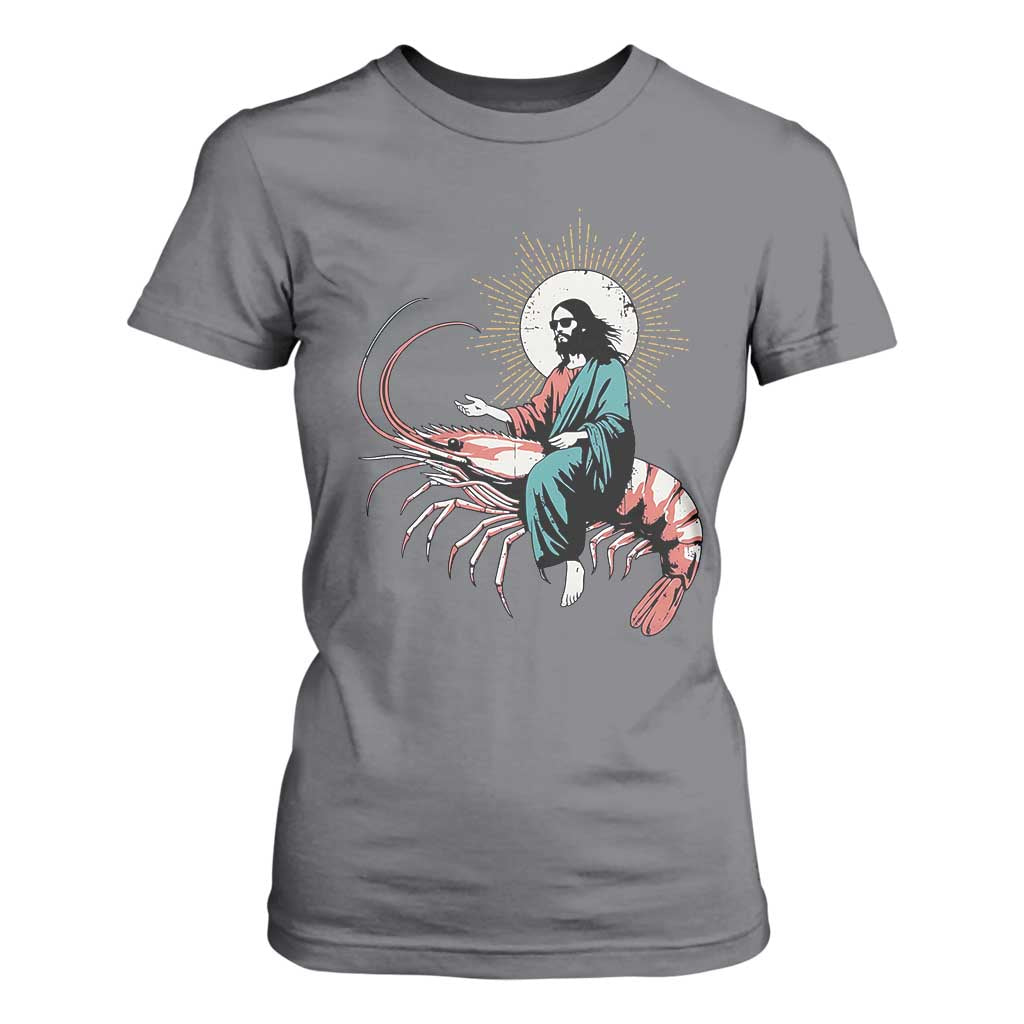 Funny Christian Prawn T Shirt For Women Retro Jesus Riding A Shrimp Meme TS11 Charcoal Print Your Wear