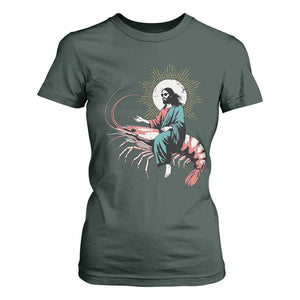 Funny Christian Prawn T Shirt For Women Retro Jesus Riding A Shrimp Meme TS11 Dark Forest Green Print Your Wear