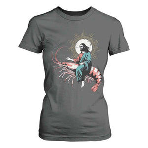 Funny Christian Prawn T Shirt For Women Retro Jesus Riding A Shrimp Meme TS11 Dark Heather Print Your Wear