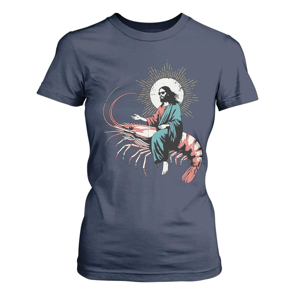 Funny Christian Prawn T Shirt For Women Retro Jesus Riding A Shrimp Meme TS11 Navy Print Your Wear