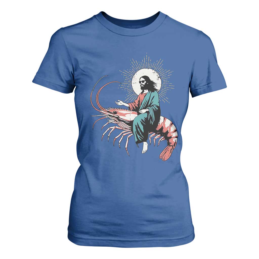 Funny Christian Prawn T Shirt For Women Retro Jesus Riding A Shrimp Meme TS11 Royal Blue Print Your Wear