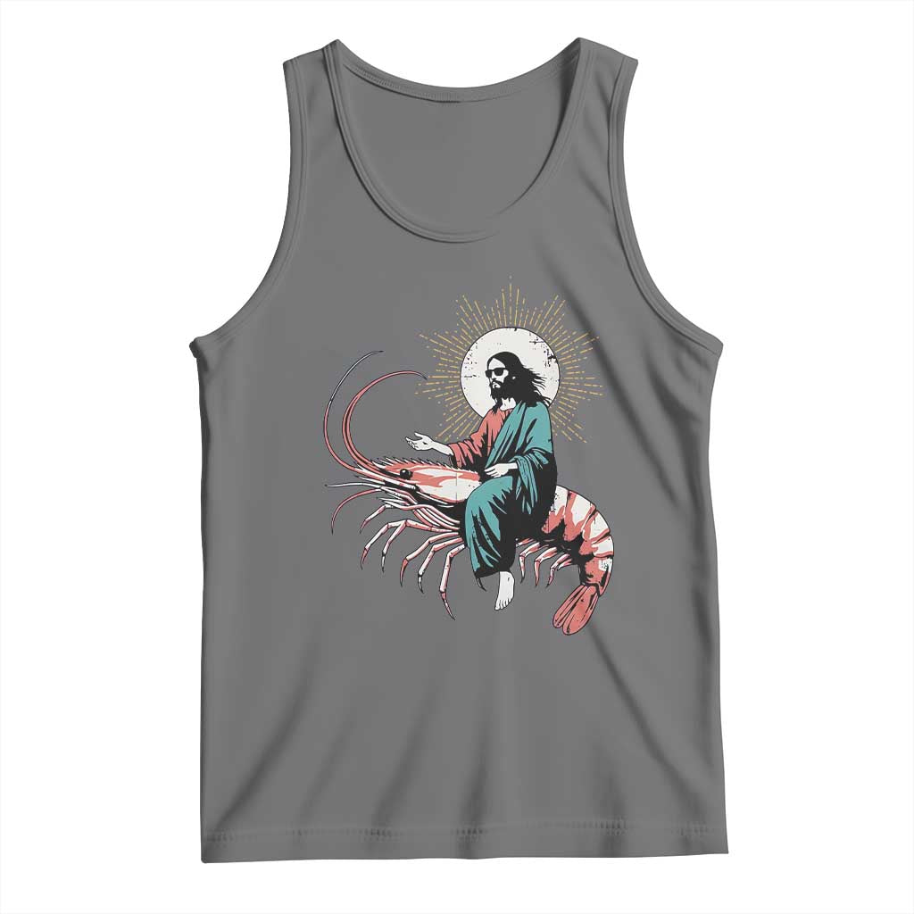 Funny Christian Prawn Tank Top Retro Jesus Riding A Shrimp Meme TS11 Black Heather Print Your Wear