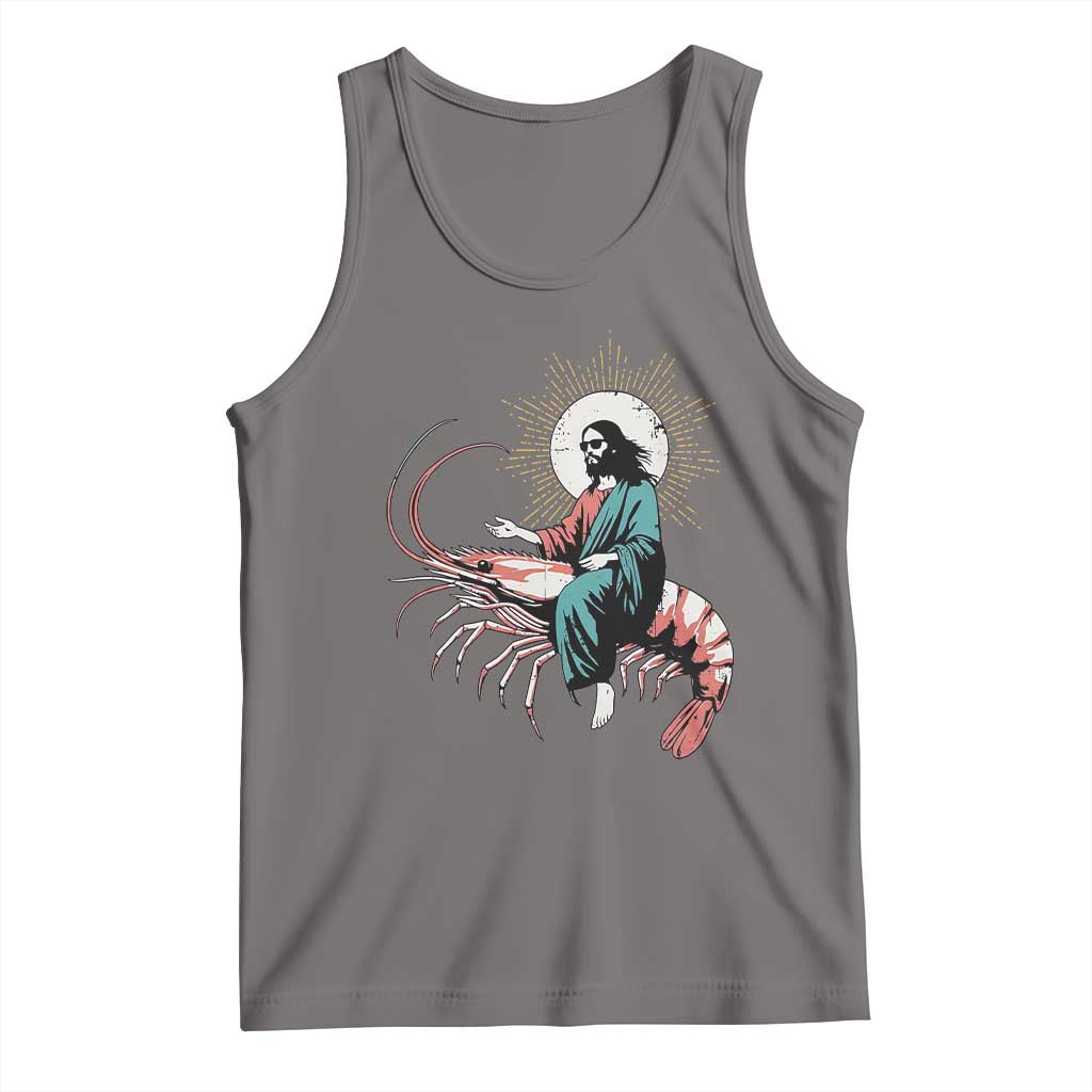 Funny Christian Prawn Tank Top Retro Jesus Riding A Shrimp Meme TS11 Deep Heather Print Your Wear