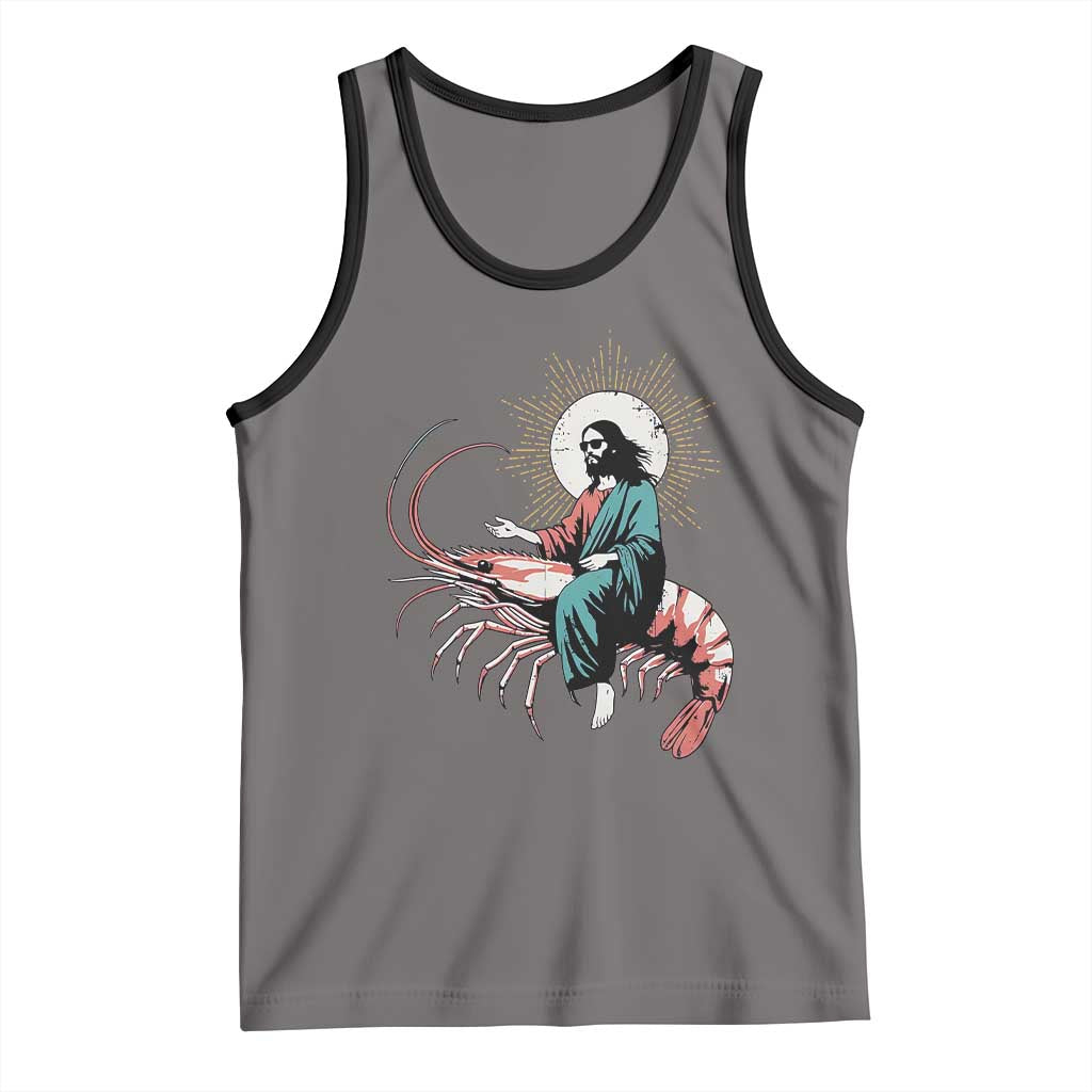 Funny Christian Prawn Tank Top Retro Jesus Riding A Shrimp Meme TS11 Deep Heather Black Print Your Wear