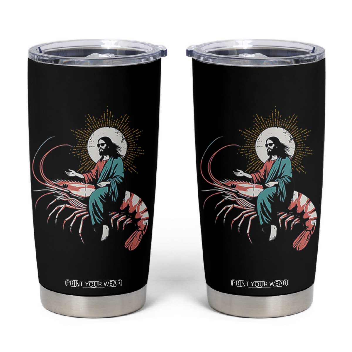 Funny Christian Prawn Tumbler Cup Retro Jesus Riding A Shrimp Meme TS11 Black Print Your Wear