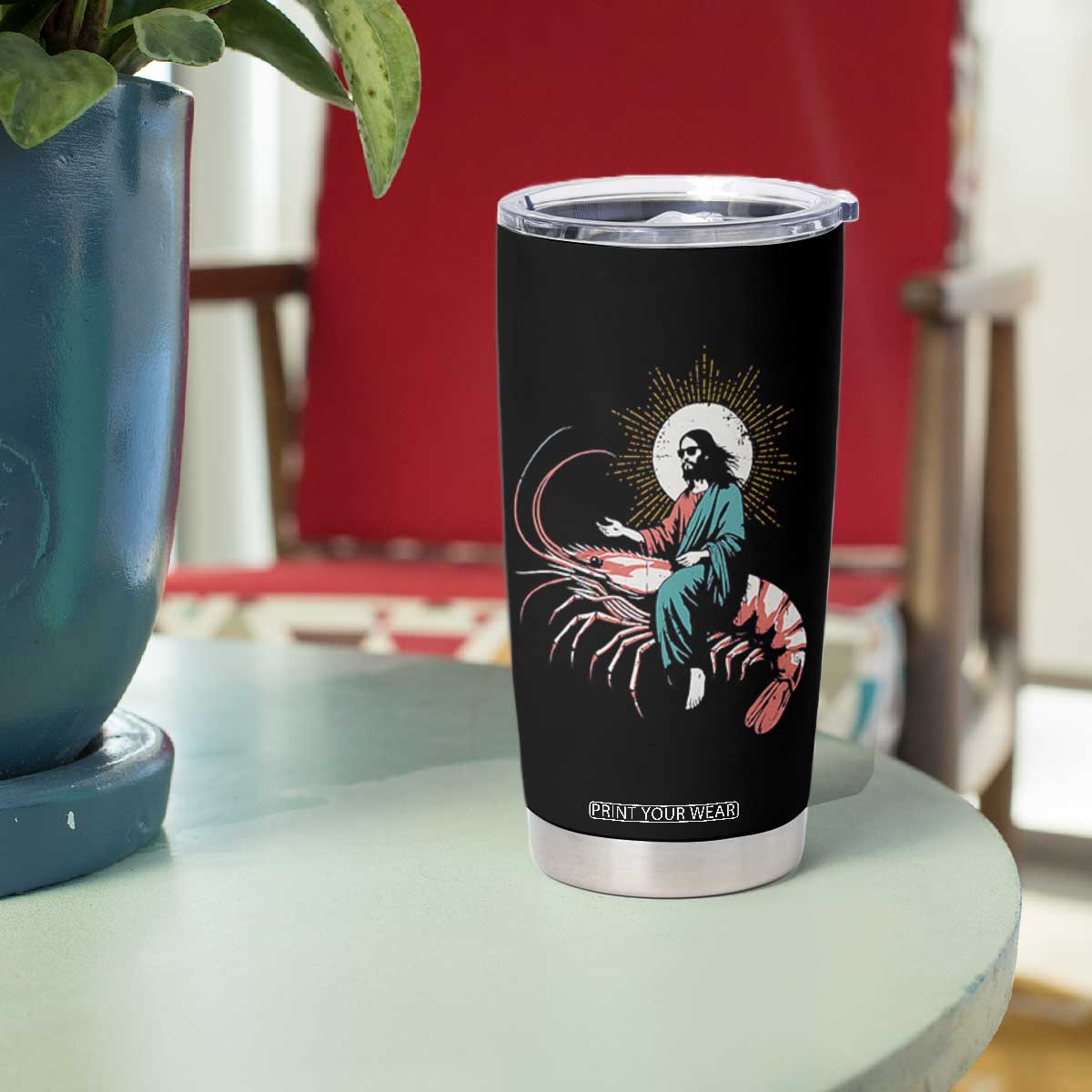 Funny Christian Prawn Tumbler Cup Retro Jesus Riding A Shrimp Meme TS11 Print Your Wear