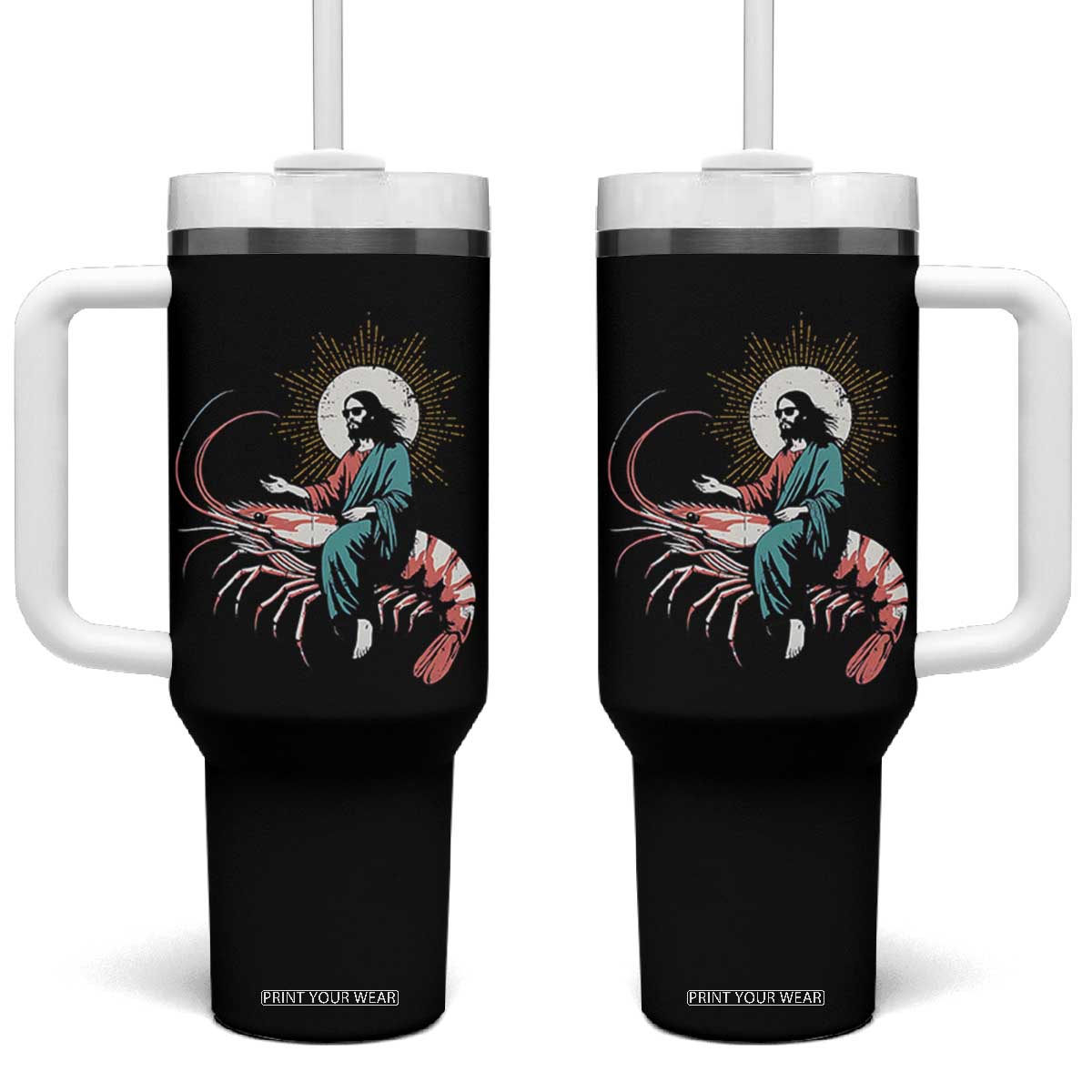 Funny Christian Prawn Tumbler With Handle Retro Jesus Riding A Shrimp Meme TS11 One Size: 40 oz Black Print Your Wear