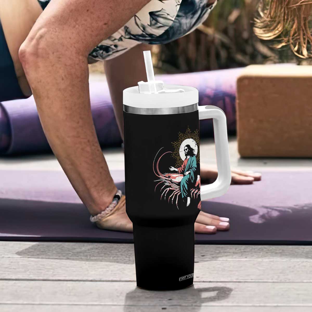Funny Christian Prawn Tumbler With Handle Retro Jesus Riding A Shrimp Meme TS11 Print Your Wear
