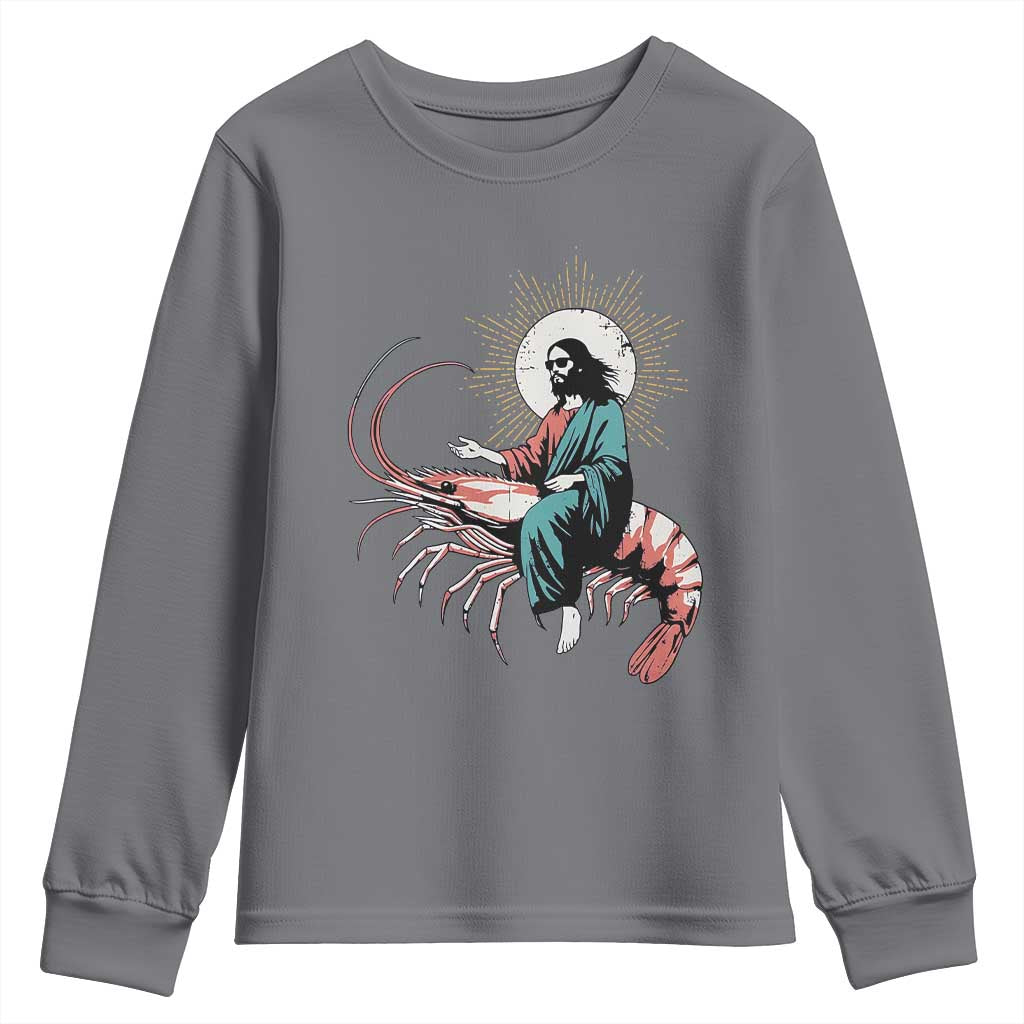 Funny Christian Prawn Youth Sweatshirt Retro Jesus Riding A Shrimp Meme TS11 Charcoal Print Your Wear