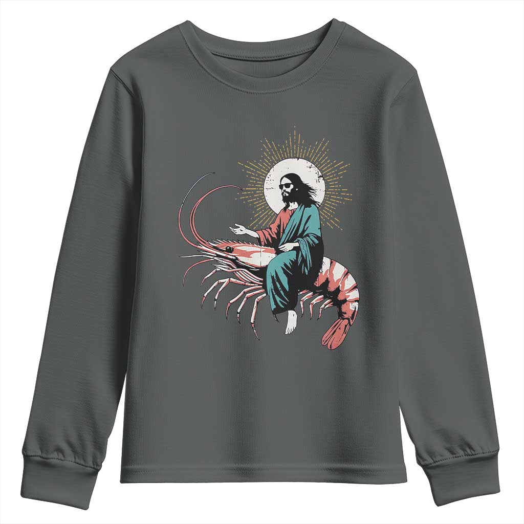 Funny Christian Prawn Youth Sweatshirt Retro Jesus Riding A Shrimp Meme TS11 Dark Heather Print Your Wear