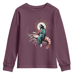 Funny Christian Prawn Youth Sweatshirt Retro Jesus Riding A Shrimp Meme TS11 Maroon Print Your Wear