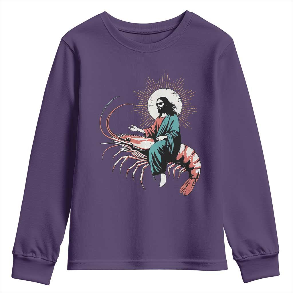 Funny Christian Prawn Youth Sweatshirt Retro Jesus Riding A Shrimp Meme TS11 Purple Print Your Wear