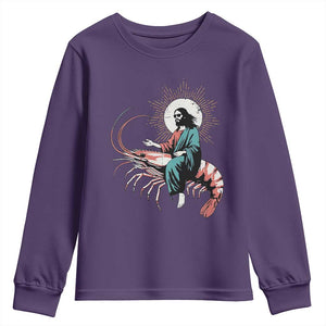 Funny Christian Prawn Youth Sweatshirt Retro Jesus Riding A Shrimp Meme TS11 Purple Print Your Wear