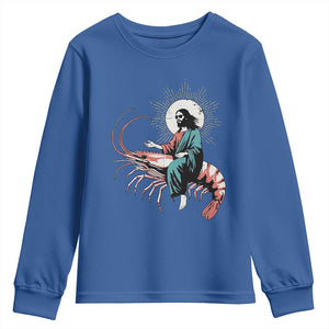 Funny Christian Prawn Youth Sweatshirt Retro Jesus Riding A Shrimp Meme TS11 Royal Blue Print Your Wear