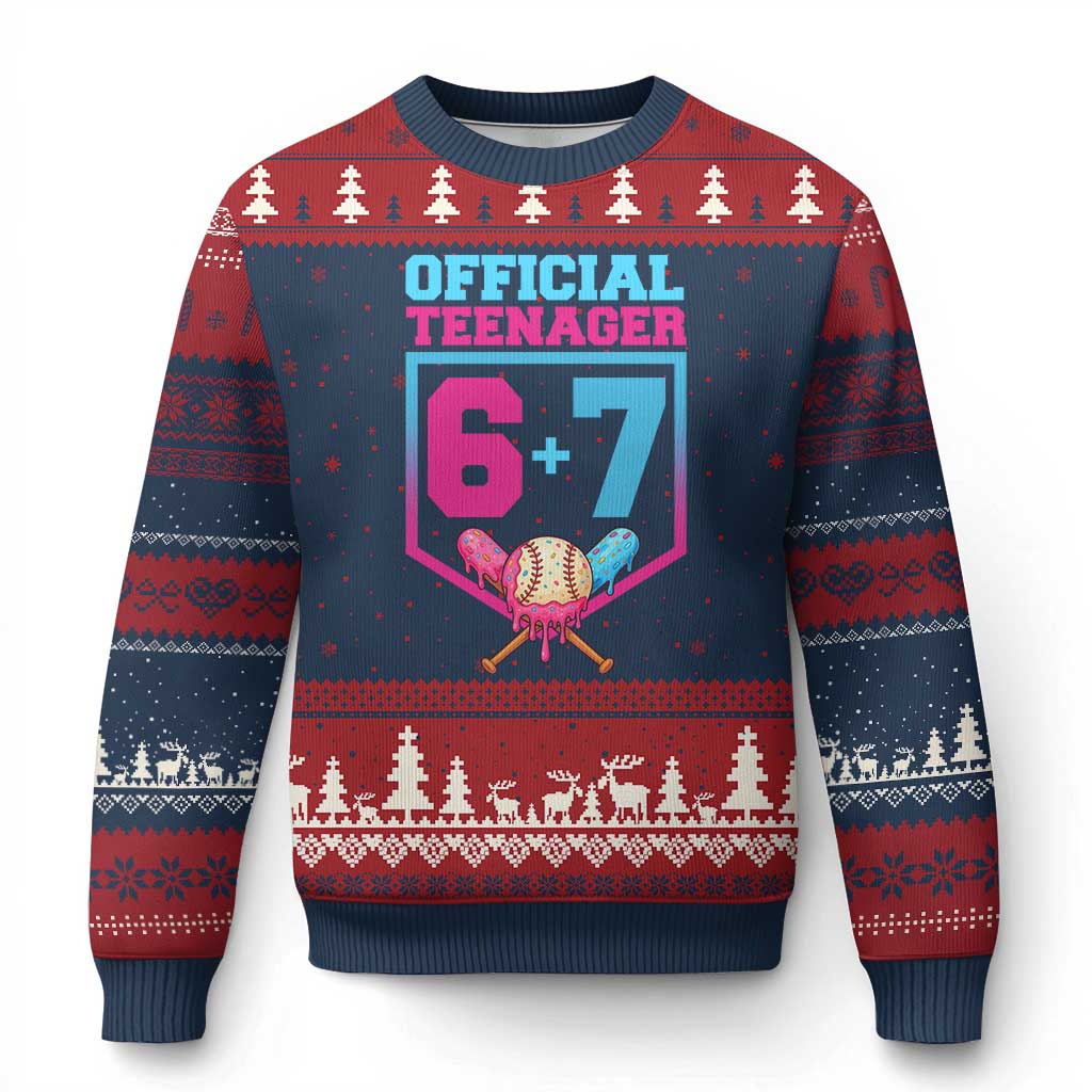 Funny 67 Baseball 13th Birthday Ugly Christmas Sweater Ice Cream Drip 13th Bday Official Teenager TS11 Navy Red Print Your Wear