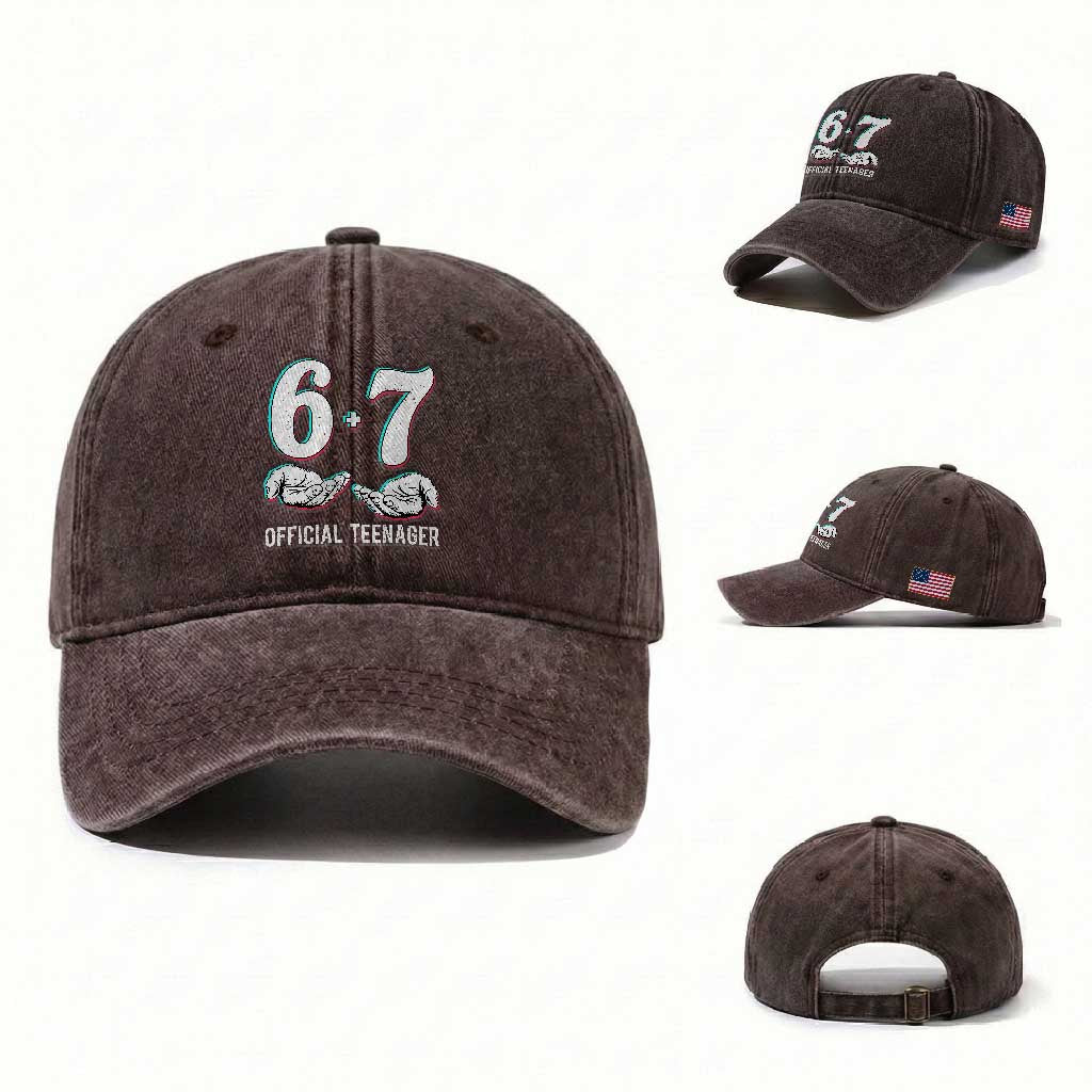Funny 67 13th Birthday Washed Cotton Baseball Cap 6 7 Thirteen Year Old Official Teenager Hands TS11 Washed Cap Universal Fit Dark Brown Print Your Wear