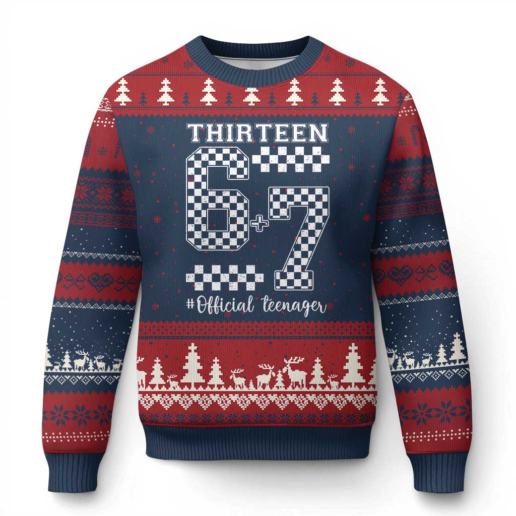 Funny 67 13th Birthday Ugly Christmas Sweater Thirteen Official Teenager Six Seven Meme Groovy Checkered TS11 Navy Red Print Your Wear