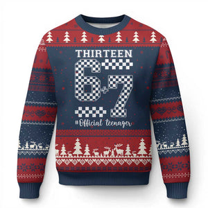 Funny 67 13th Birthday Ugly Christmas Sweater Thirteen Official Teenager Six Seven Meme Groovy Checkered TS11 Navy Red Print Your Wear