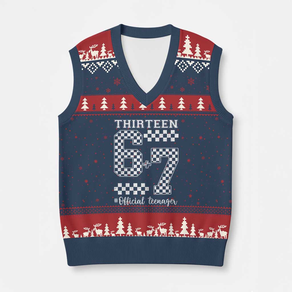 Funny 67 13th Birthday V-Neck Knit Sweater Vest Thirteen Official Teenager Six Seven Meme Groovy Checkered TS11 Navy Red Print Your Wear