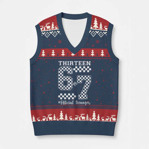 Funny 67 13th Birthday V-Neck Knit Sweater Vest Thirteen Official Teenager Six Seven Meme Groovy Checkered TS11 Navy Red Print Your Wear