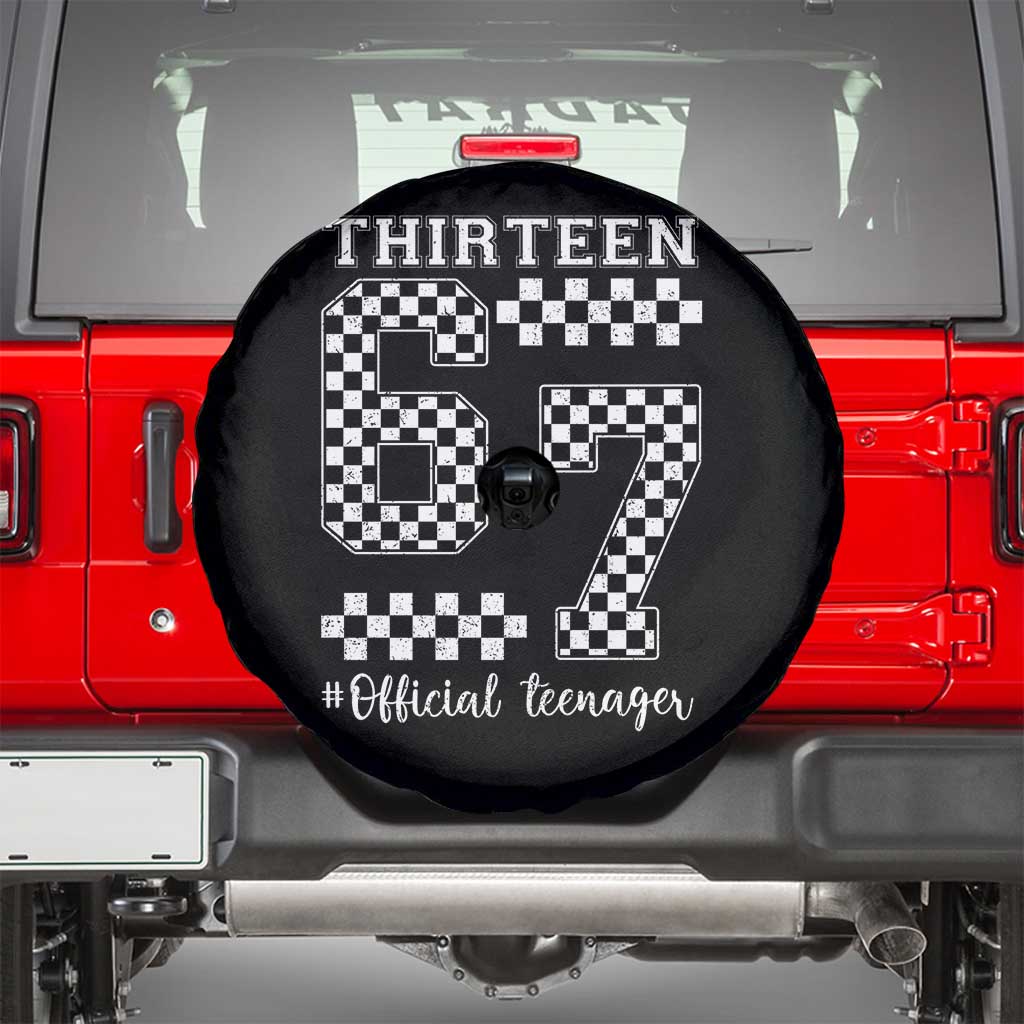 Funny 67 13th Birthday Spare Tire Cover Thirteen Official Teenager Six Seven Meme Groovy Checkered TS11 Black Print Your Wear