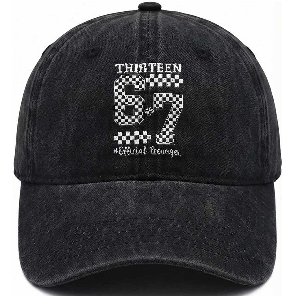 Funny 67 13th Birthday Washed Cotton Baseball Cap Thirteen Official Teenager Six Seven Meme Groovy Checkered TS11 Print Your Wear