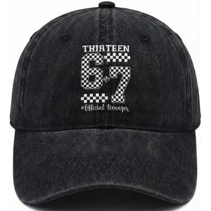 Funny 67 13th Birthday Washed Cotton Baseball Cap Thirteen Official Teenager Six Seven Meme Groovy Checkered TS11 Print Your Wear